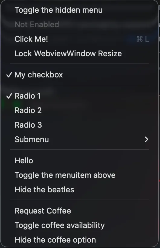 A Wails application menu on macOS with standard, checkbox, radio, and submenu items