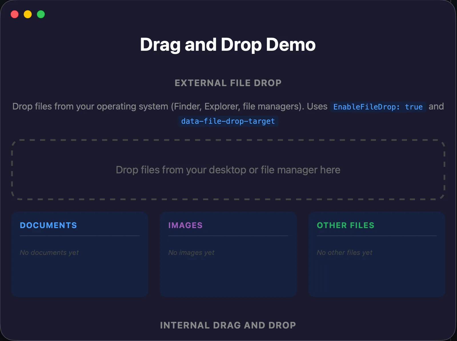 A Wails drag-and-drop example with an external file-drop zone on macOS