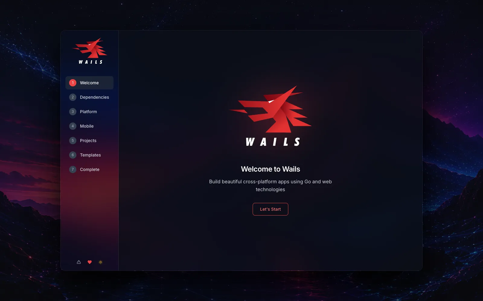 The Wails v3 setup wizard in dark mode